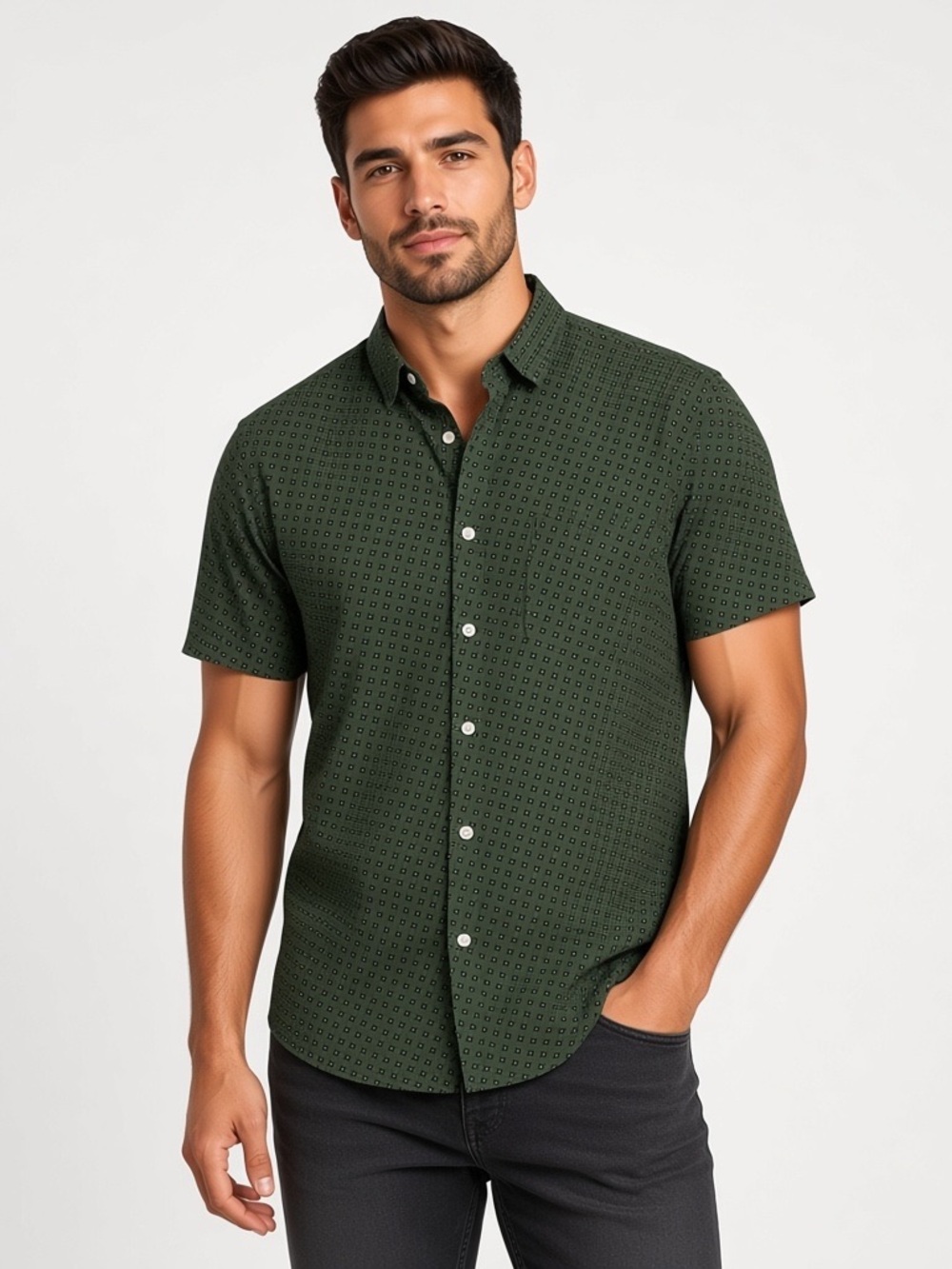 Forever 21 | Green printed cotton button front short sleeve shirt size large